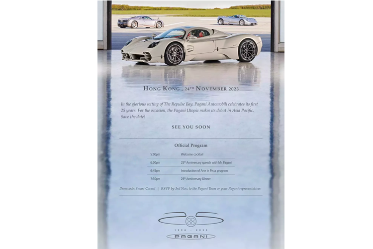 Cụ thể, hãng xe Pagani đã gửi thư mời đến chủ nhân của siêu phẩm Pagani Huayra độc nhất tại Việt Nam để xem màn ra mắt của xe Pagani Utopia ở Hồng Kông, diễn ra vào ngày 24/11 này, hứa hẹn sẽ quy tụ không dưới 20 xe Pagani đủ loại cùng hàng trăm khách mời VIP đến dự.