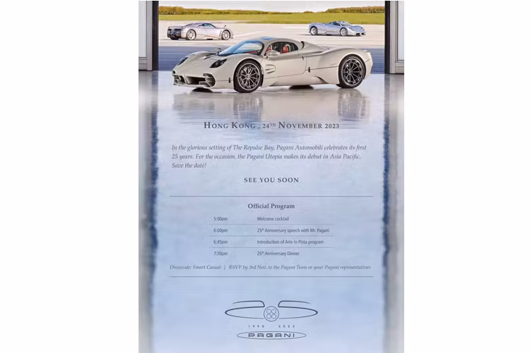 Cụ thể, hãng xe Pagani đã gửi thư mời đến chủ nhân của siêu phẩm Pagani Huayra độc nhất tại Việt Nam để xem màn ra mắt của xe Pagani Utopia ở Hồng Kông, diễn ra vào ngày 24/11 này, hứa hẹn sẽ quy tụ không dưới 20 xe Pagani đủ loại cùng hàng trăm khách mời VIP đến dự.