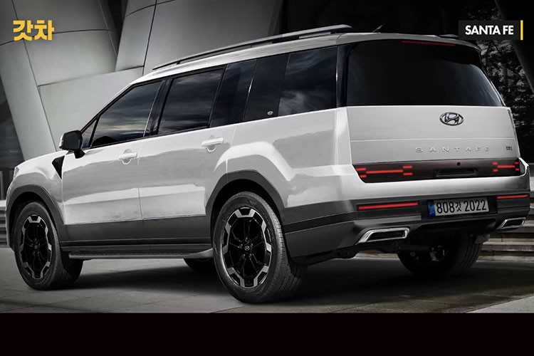 Phần đầu xe SUV Hyundai SantaFe 2024 trang bị đèn định vị hình chữ H và dải đèn LED chạy ngang tương tự dải sản phẩm thế hệ mới của hãng là Staria hay Stargazer. Phía đuôi xe, đèn hậu cũng được thiết kế với đồ họa chữ “H”.