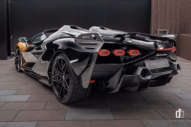 Lamborghini Sian Roadster trong bài này sở hữu tông màu Bronzo Zante và đen Nero Aldebaran có hiệu ứng chuyển đổi màu giữa phần đầu và đuôi. Có thể nói đây là chiếc Sian Roadster duy nhất sở hữu màu ngoại thất này. Sian mang trên mình DNA của Lamborghini với những đường nét góc cạnh, cắt xẻ táo bạo thường thấy trên các mẫu siêu bò.