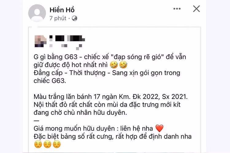 Mới đây, trên trang cá nhân - ca sĩ Hiền Hồ chia sẻ thông báo bán lại chiếc xe Mercedes-AMG G63. Ngoài ra, cũng có một người là môi giới xe sang quen thuộc của giới nghệ sĩ showbiz đứng ra nhận bán lại chiếc Mercedes-AMG G63 của Hiền Hồ. Thông tin về chiếc xe được cung cấp là phiên bản ngoại thất màu trắng, nội thất đỏ, lăn bánh 17.000 km, sản xuất năm 2021 và đăng ký năm 2022.