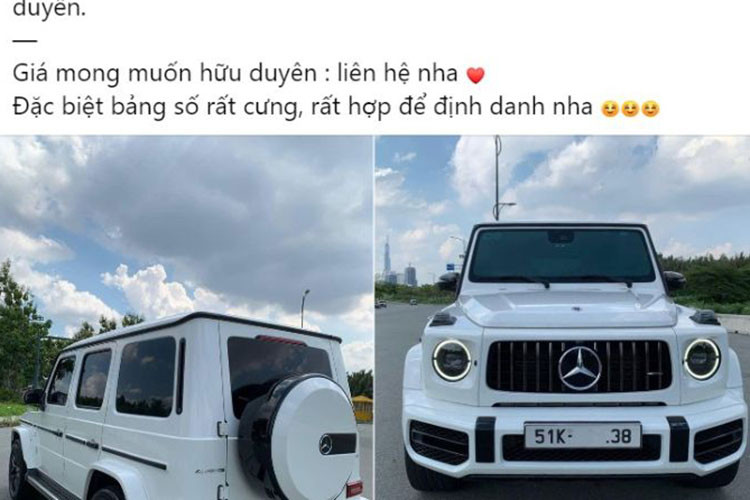 Dù người rao bán đã che đi 3 con số đầu tiên trong dãy 5 số của chiếc SUV hạng sang Mercedes-AMG G63, nhưng điều đó khiến cư dân mạng tin rằng nữ ca sĩ 9X đang muốn thanh lý chiếc G63. Người đăng bán còn cho biết, biển xe rất phù hợp cho ai thích định danh số đẹp, cụ thể, xe Mercedes-AMG G63 của Hiền Hồ mang biển số 51K-139.38.
