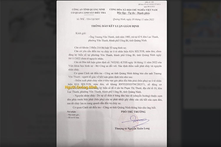 Thông báo kết kết luận giám định vụ Kia Seltos mới mua bất ngờ bốc cháy sau 5 ngày mua ở Quảng Ninh từ phía cơ quan điều tra.