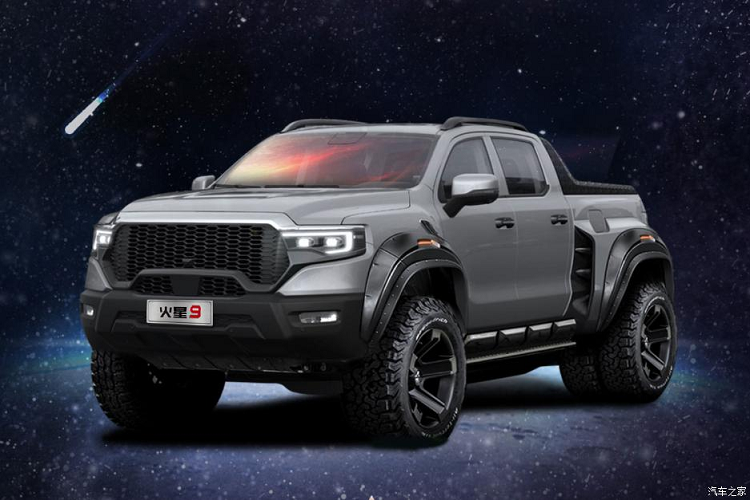 Hình ảnh xem trước phần đuôi xe bán tải Foton Mars 9 cho thấy xe có cụm đèn hậu LED dựng dọc và nối với nhau bằng 1 dải đèn LED màu đỏ đẹp mắt.