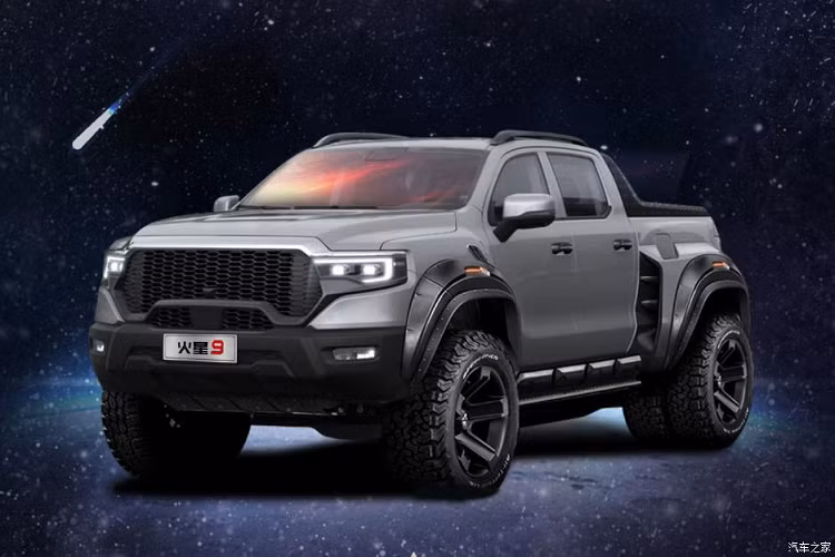 Hình ảnh xem trước phần đuôi xe bán tải Foton Mars 9 cho thấy xe có cụm đèn hậu LED dựng dọc và nối với nhau bằng 1 dải đèn LED màu đỏ đẹp mắt.