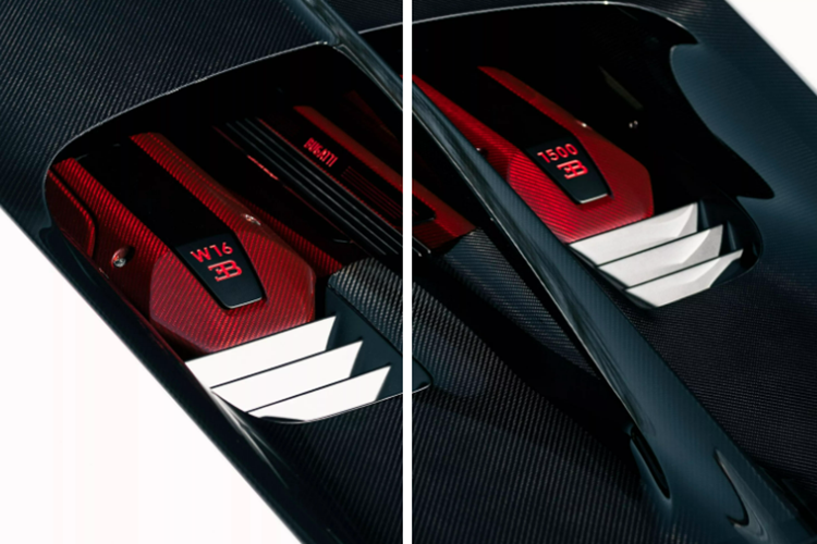 Họa tiết này đều được thiết kế và hoàn thiện bởi đội ngũ Bugatti Sur Mesure.Bảng điều khiển trung tâm đặc biệt được khảm bằng nhôm màu đen, dòng chữ Grand Prix được sơn thủ công màu bạc. Các họa tiết trong nội thất còn được trang trí trên bậc cửa, tựa đầu và đèn chiếu sáng nội thất.