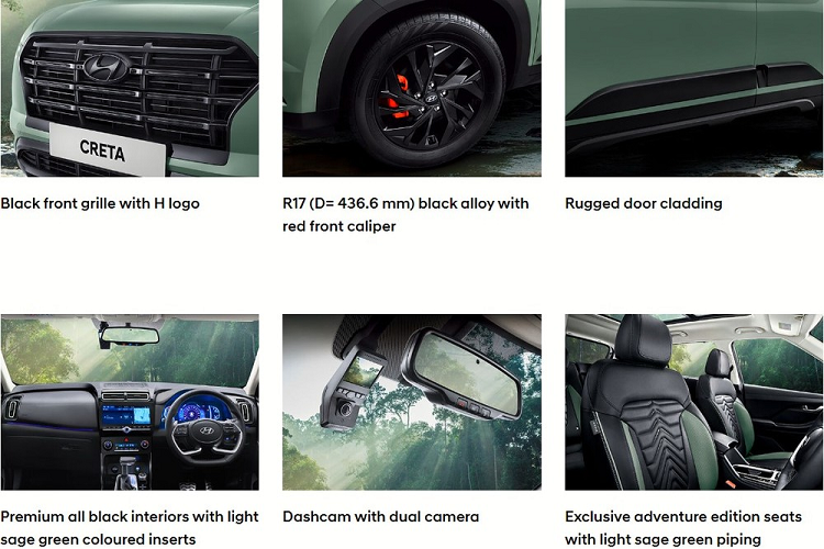 Ngoài xanh Ranger Khakhi, phiên bản đặc biệt của Hyundai Creta tại Ấn Độ còn có 3 màu sắc khác, bao gồm đen Abyss Black, trắng Atlas White và xám Titan Grey. Trong đó, màu trắng và xanh có thể kết hợp với nóc đen, mang đến ngoại hình thời trang hơn. 