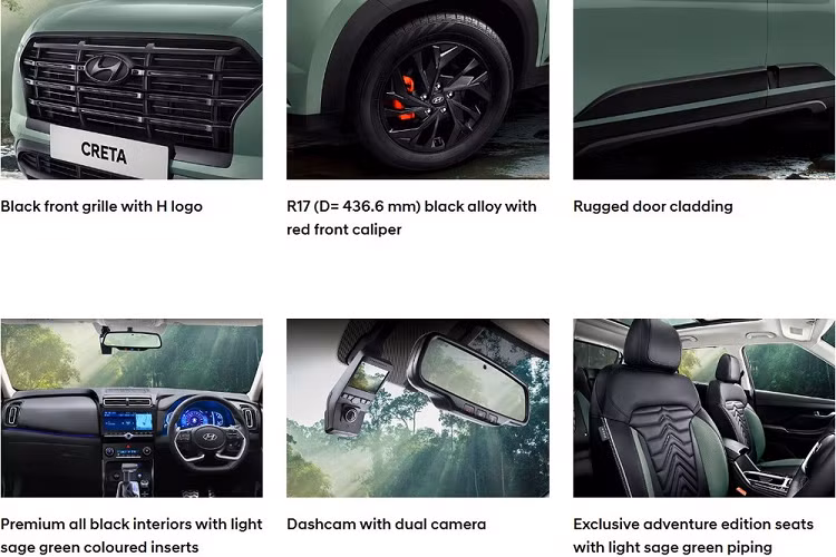 Ngoài xanh Ranger Khakhi, phiên bản đặc biệt của Hyundai Creta tại Ấn Độ còn có 3 màu sắc khác, bao gồm đen Abyss Black, trắng Atlas White và xám Titan Grey. Trong đó, màu trắng và xanh có thể kết hợp với nóc đen, mang đến ngoại hình thời trang hơn. 