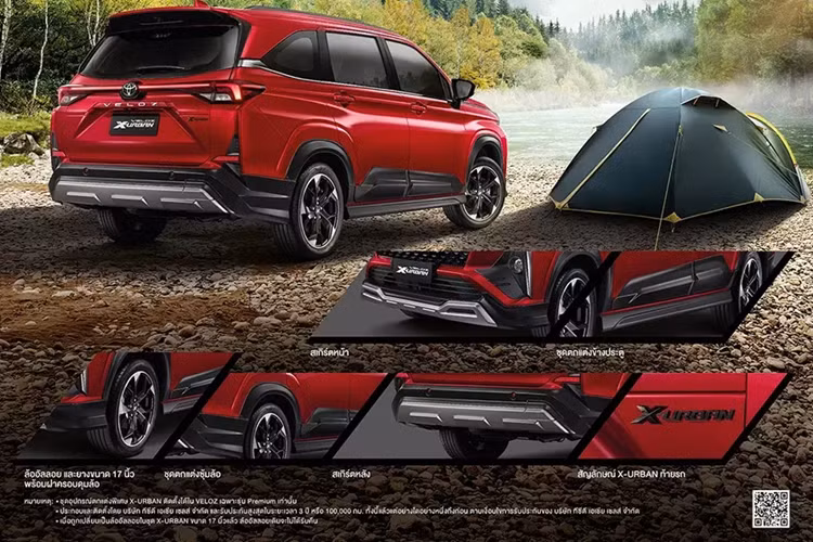 Chỉ được áp dụng cho bản Premium của Toyota Veloz tại thị trường Thái Lan, bộ phụ kiện X-Urban này bao gồm cánh lướt gió trước/sau màu bạc, ốp trang trí cửa và nẹp hốc bánh màu đen. Bên cạnh đó là bộ vành hợp kim 17 inch phay xước 2 màu và logo "X-Urban" trên cửa cốp sau.