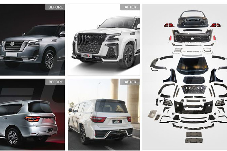 Bắt đầu với những nâng cấp về mặt ngoại hình, chiếc Nissan Patrol được trang bị lưới tản nhiệt mới có thiết kế khá giống họa tiết hình con suốt trên xe Lexus và sơn màu đen bóng.