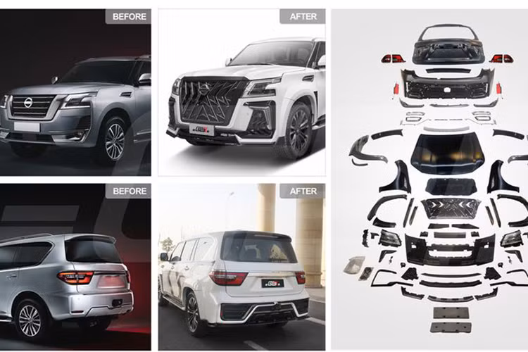 Bắt đầu với những nâng cấp về mặt ngoại hình, chiếc Nissan Patrol được trang bị lưới tản nhiệt mới có thiết kế khá giống họa tiết hình con suốt trên xe Lexus và sơn màu đen bóng.