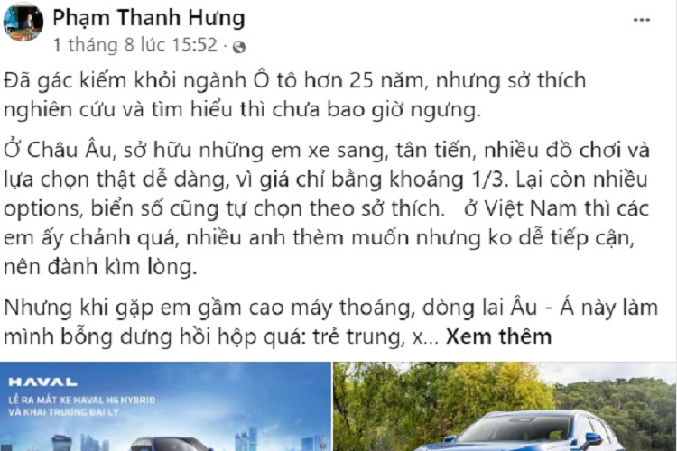 Haval H6 của Shark Hưng là mẫu SUV cỡ C vừa ra mắt thị trường Việt Nam ngày 2/8 vừa qua. Xe chỉ được phân phối duy nhất một phiên bản theo dạng nhập khẩu nguyên chiếc từ Thái Lan với giá bán 1,096 tỷ đồng. Dù có giá khá cao so với các đối thủ cùng phân khúc như: Mazda CX-5, Hyundai Tucson hay Kia Sportage… nhưng H6 lại sở hữu nhiều trang bị và công nghệ vượt bậc.