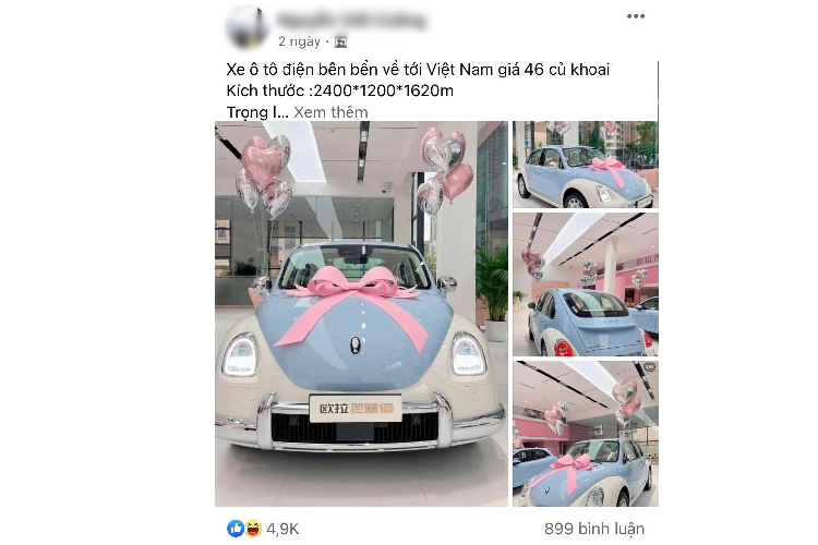 Dù đưa ra các thông số rất cụ thể như kích thước, pin, công suất, quãng đường xe di chuyển sau 1 lần sạc đầy và giá bán nhưng người đăng tải lại không đề cập chiếc xe này tên gì, của thương hiệu nào mà chỉ nhấn mạnh xe "bên bển về tới Việt Nam giá 46 củ khoai (triệu đồng)".