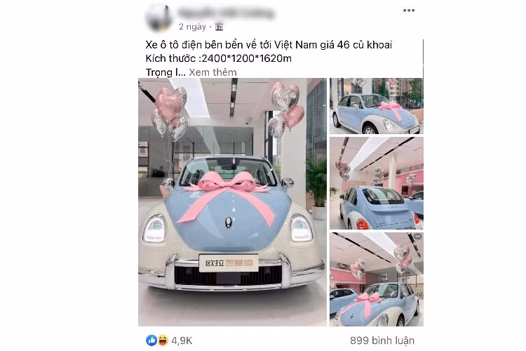 Dù đưa ra các thông số rất cụ thể như kích thước, pin, công suất, quãng đường xe di chuyển sau 1 lần sạc đầy và giá bán nhưng người đăng tải lại không đề cập chiếc xe này tên gì, của thương hiệu nào mà chỉ nhấn mạnh xe "bên bển về tới Việt Nam giá 46 củ khoai (triệu đồng)".