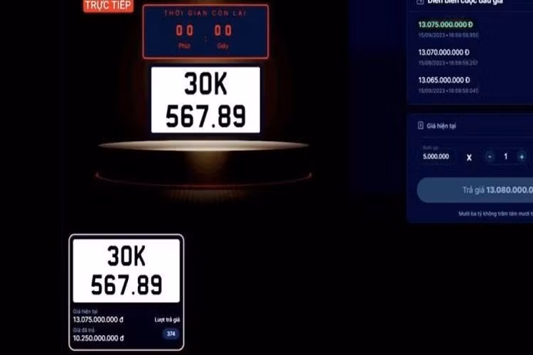  Biển số 30K-567.89 Cũng giống như hai chiếc biển trên, biển sảnh tiến 30K-567.89 cũng được nhiều người mong đợi trong phiên đấu giá ngày 15/9 Kết thúc phiên, chiếc biển chiếc đấu giá lên tới 13,075 tỷ đồng. Số tiền này ngang với giá niêm yết của chiếc SUV hạng sang Mercedes-AMG G63 2023.