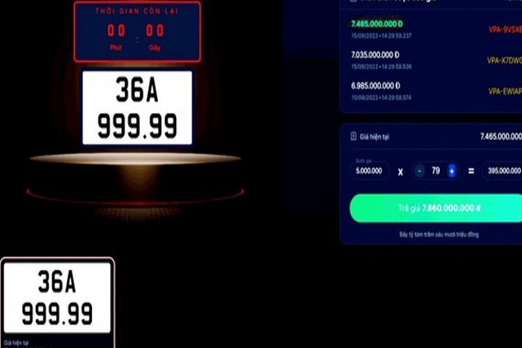  Biển số 36A-999.99 Chiều ngày 15/9, Công ty Đấu giá hợp danh Việt Nam tiếp tục tổ chức đấu giá 3 biển số 15K-188.88, 99A-666.66 và 36A-999.99 trong khung giờ từ 13h30-14h30. Theo đó, biển số Thanh Hóa 36A-999.99 trúng giá cao nhất lên tới 7,47 tỷ đồng. Mức giá này ngang với mẫu sedan hạng sang Lexus LS 500, hiện được phân phối chính hãng với giá 7,65 tỷ đồng.