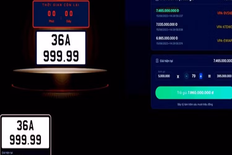  Biển số 36A-999.99 Chiều ngày 15/9, Công ty Đấu giá hợp danh Việt Nam tiếp tục tổ chức đấu giá 3 biển số 15K-188.88, 99A-666.66 và 36A-999.99 trong khung giờ từ 13h30-14h30. Theo đó, biển số Thanh Hóa 36A-999.99 trúng giá cao nhất lên tới 7,47 tỷ đồng. Mức giá này ngang với mẫu sedan hạng sang Lexus LS 500, hiện được phân phối chính hãng với giá 7,65 tỷ đồng.