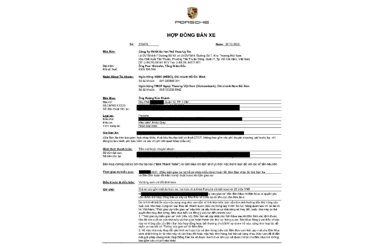 Ngoài ra, vị đại gia này còn dành lời khen đối với Porsche Việt Nam khi hãng bàn giao xe sớm hơn hợp đồng 3 tháng. "Porsche Việt Nam làm quá nhanh, hẹn tháng 8 giao xe mà mới tháng 5 bắt tôi nhận xe rồi", Hoàng Kim Khánh cho biết. 