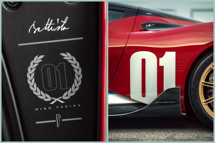 Mui xe màu đen, đèn pha được khắc chữ 'Nino Farina' nhấn mạnh sự đặc biệt, mâm hợp kim đúc 10 chấu được sơn màu vàng Satin, kẹp phanh màu đen và một số chi tiết hoàn thiện bằng nhôm phay. Chữ ký của tay đua huyền thoại có tại nhiều vị trí trên xe.