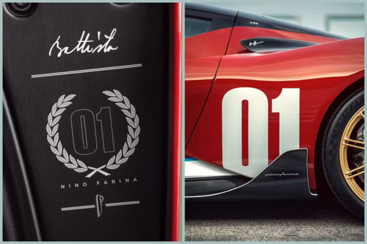 Mui xe màu đen, đèn pha được khắc chữ 'Nino Farina' nhấn mạnh sự đặc biệt, mâm hợp kim đúc 10 chấu được sơn màu vàng Satin, kẹp phanh màu đen và một số chi tiết hoàn thiện bằng nhôm phay. Chữ ký của tay đua huyền thoại có tại nhiều vị trí trên xe.