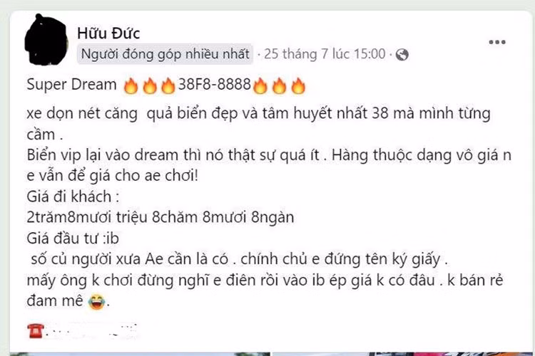 Theo bài đăng bán xe Honda Super Dream biển tứ quý 8 của anh D. "Tất cả đồ dọn lên xe đều là phụ tùng chính hãng Honda, đúng dòng Super Dream của đời 2003. Một số đồ còn là hàng nhập từ Thái về. Xe dọn kỳ công, cùng với đó tấm biển số tứ quý 8 không đụng hàng cũng là một trong những yếu tố chính quyết định giá trị của chiếc xe".