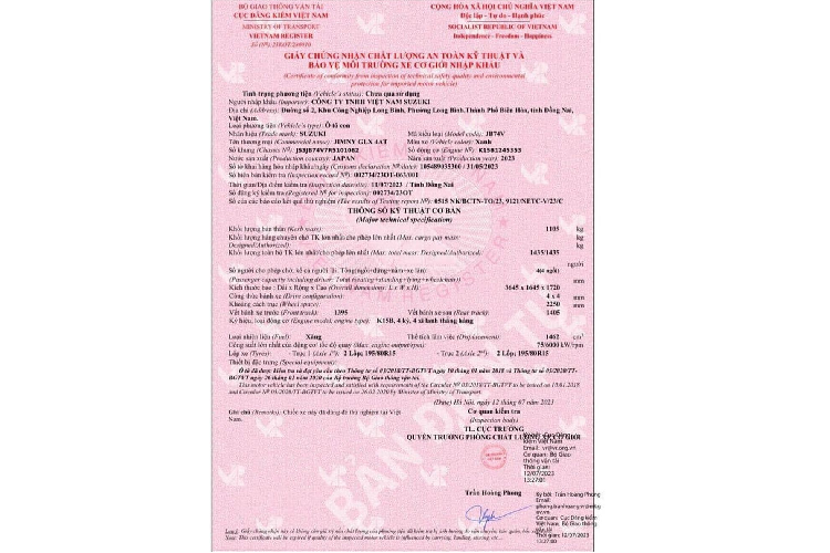 Hình ảnh giấy chứng nhận cho thấy, Suzuki Jimny thử nghiệm tại Việt Nam được nhập khẩu nguyên chiếc từ Nhật Bản và thuộc phiên bản GLX AT (số tự động). Suzuki Jimny 2023 mới có hai kiểu dáng là 3 cửa và 5 cửa. Xe mới được kiểm định thuộc biến thể 3 cửa.