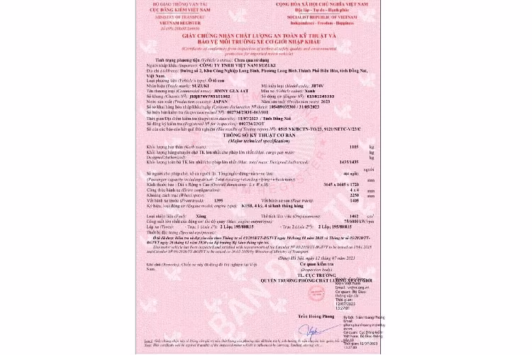 Hình ảnh giấy chứng nhận cho thấy, Suzuki Jimny thử nghiệm tại Việt Nam được nhập khẩu nguyên chiếc từ Nhật Bản và thuộc phiên bản GLX AT (số tự động). Suzuki Jimny 2023 mới có hai kiểu dáng là 3 cửa và 5 cửa. Xe mới được kiểm định thuộc biến thể 3 cửa.