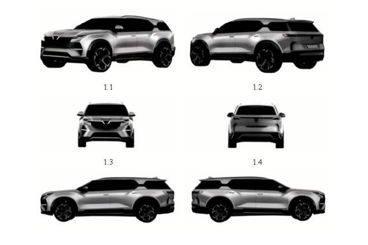 Theo đó, chiếc VinFast VF9 chạy điện trong hình ảnh đăng ký bảo hộ kiểu dáng công nghiệp được trang bị thiết kế đầu xe và đuôi xe cải tiến. Cụ thể hơn, trên đầu xe, chiếc VinFast VF9 vẫn sở hữu cụm đèn pha LED thanh mảnh như trước và dải đèn LED định vị ban ngày bao quanh logo của hãng, tạo thành hình chữ "V". Tuy nhiên, dải đèn LED định vị ban ngày này lại ôm lấy đèn pha thay vì được thiết kế thẳng như trước.