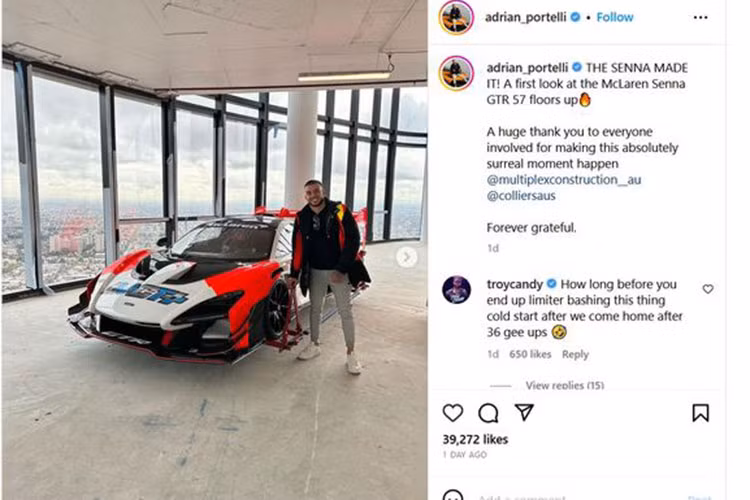 Trước làn sóng chỉ trích đó, Adrian Portelli không hề quan tâm, anh chỉ bày tỏ lời cảm ơn đối với những người đã hỗ trợ đưa chiếc siêu xe McLaren Senna GTR lên căn penhouse tầng 57.