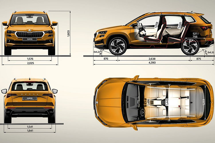 Được áp dụng ngôn ngữ thiết kế đặc trưng của thương hiệu Skoda, Karoq mang trên mình ngoại hình khá nam tính, vuông thành sắc cạnh thay vì bo tròn. Lưới tản nhiệt đa giác với mắt lưới nằm dọc, sơn màu đen bóng, và viền bao quanh mạ crôm. Kết hợp với đó là hệ thống đèn pha LED 2 tầng. Mâm xe kích thước 17 -19 inch tùy phiên bản.
