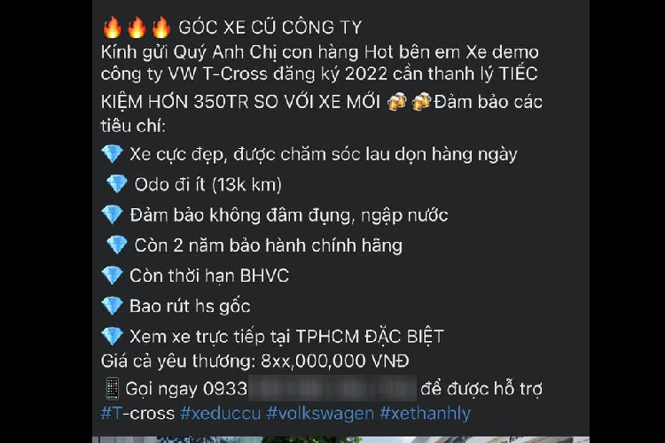 So với giá xe Volkswagen Tiguan tại Việt Nam chính hãng đang niêm yết 1,299 tỷ đồng, chiếc Tiguan Luxury này rẻ hơn đến 244 triệu đồng. Trước đó, từng có một chiếc Volkswagen T-Cross đăng ký năm 2022, số ODO 13.000 km, được rao bán với giá hơn 800 triệu đồng. 