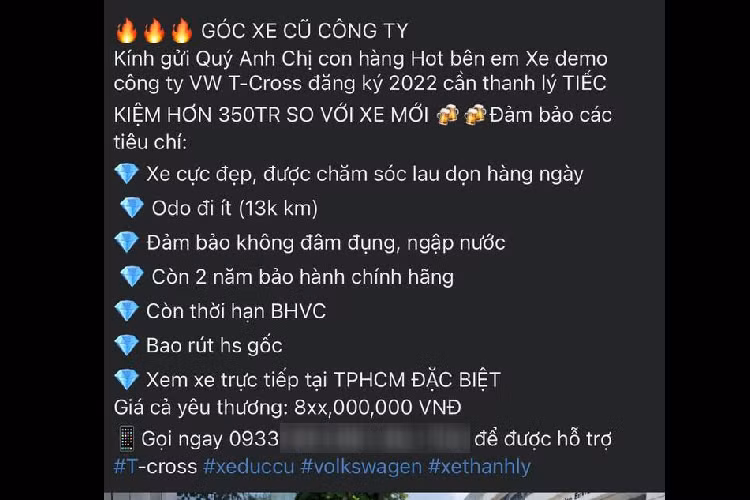 So với giá xe Volkswagen Tiguan tại Việt Nam chính hãng đang niêm yết 1,299 tỷ đồng, chiếc Tiguan Luxury này rẻ hơn đến 244 triệu đồng. Trước đó, từng có một chiếc Volkswagen T-Cross đăng ký năm 2022, số ODO 13.000 km, được rao bán với giá hơn 800 triệu đồng. 