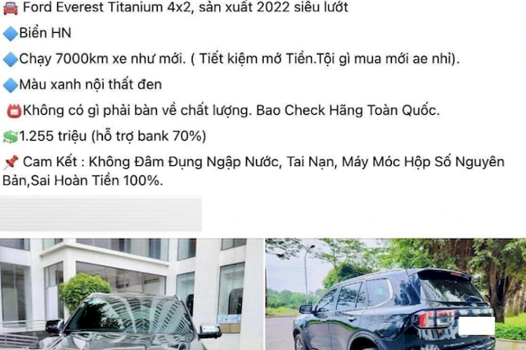 Chiếc Ford Everest 2022 này cũng được chào bán kèm lời cam kết… "Nếu thông tin trền bài rao bán sai sự thât, người bán sẽ hoàn tiền 100%". Kèm theo đó, trên bài đăng rao bán cũng có ảnh chi tiết về xe cho thấy cả ngoại thất, nội thất còn rất bóng bẩy như mới.