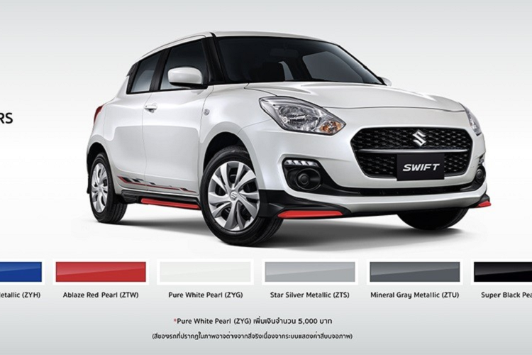 Tại thị trường Thái Lan, mức giá xe Suzuki Swift GL Next Edition 2023 có mức bán ra từ 582.000 Baht (khoảng 401 triệu đồng). Xe có 6 màu sắc là xanh dương, bạc, xám, đen, đỏ và trắng ngọc trai.