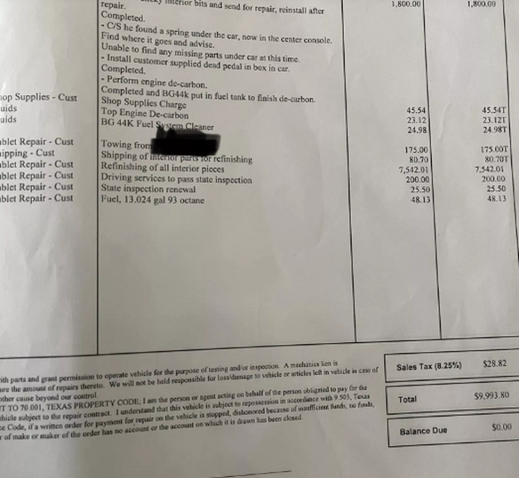 Hóa đơn bảo dưỡng siêu xe Ferrari mà Jerry Mos chia sẻ.