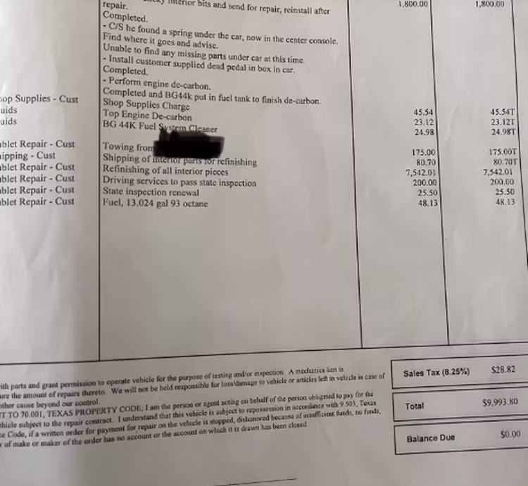 Hóa đơn bảo dưỡng siêu xe Ferrari mà Jerry Mos chia sẻ.