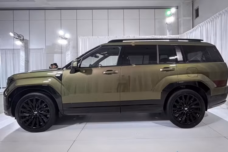 Nhìn ngang hông xe, Hyundai SantaFe 2024 có hốc bánh mở rộng, thiết kế vuông vức, mang đến cái nhìn mạnh mẽ, thể thao hơn. Xung quanh xe là những bề mặt bằng phẳng và nóc dốc dần về phía sau, đi kèm baga màu đen khỏe khoắn. Đường chân kính của xe cũng không còn hất lên ở cột C mà kéo thẳng về phía đuôi xe.