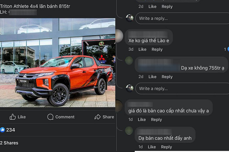 Tình hình khó khăn chung của thị trường ôtô Việt Nam trong những tháng vừa qua đã khiến các đại lý liên tục phải tung ra các chương trình ưu đãi, giảm giá cho xe. Mẫu xe bán tải Mitsubishi Triton cũng không phải là ngoại lệ. Mới đây, một đại lý ở khu vực tỉnh Quảng Nam đã rao bán Mitsubishi Triton bản Athlete 4x4 cao cấp nhất với giá chỉ còn 755 triệu đồng.