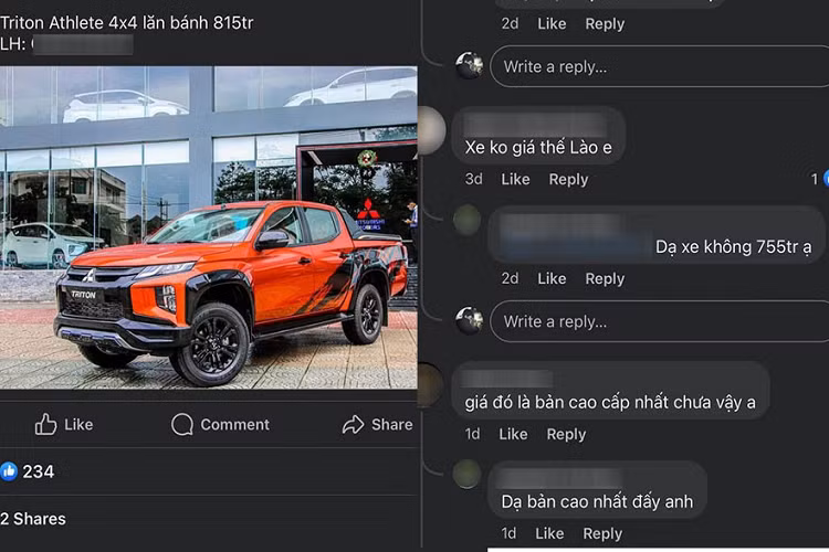 Tình hình khó khăn chung của thị trường ôtô Việt Nam trong những tháng vừa qua đã khiến các đại lý liên tục phải tung ra các chương trình ưu đãi, giảm giá cho xe. Mẫu xe bán tải Mitsubishi Triton cũng không phải là ngoại lệ. Mới đây, một đại lý ở khu vực tỉnh Quảng Nam đã rao bán Mitsubishi Triton bản Athlete 4x4 cao cấp nhất với giá chỉ còn 755 triệu đồng.