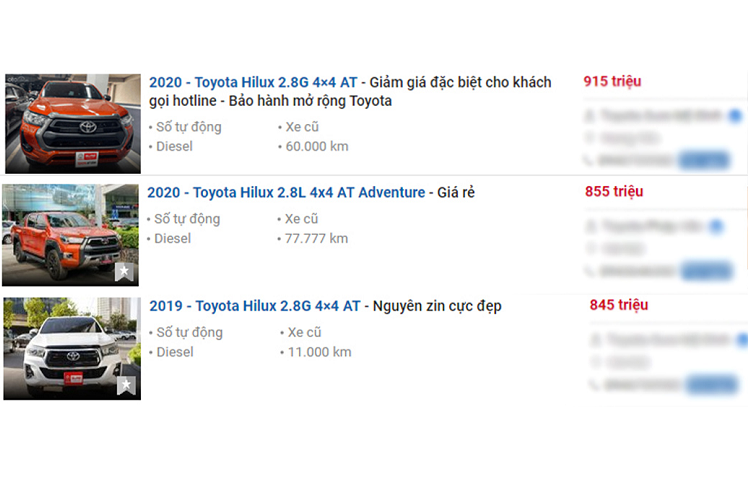 Nguồn cung khan hiếm dẫn đến việc giá xe Toyota Hilux đã qua sử dụng ở thị trường xe cũ tăng mạnh bất ngờ. Theo tìm hiểu ở thị trường xe cũ, Toyota Hilux bản 2.8 đời 2018 - 2019 đang được bán với mức giá dao động từ 760 - 780 triệu đồng.