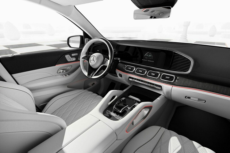 Với Mercedes -Maybach EQS SUV, gói Night Series bổ sung thêm biểu tượng Maybach màu vàng hồng ở đèn pha, cùng một số chi tiết mạ crôm tối màu như lưới tản nhiệt giả phía trước và xung quanh các cửa sổ bên.