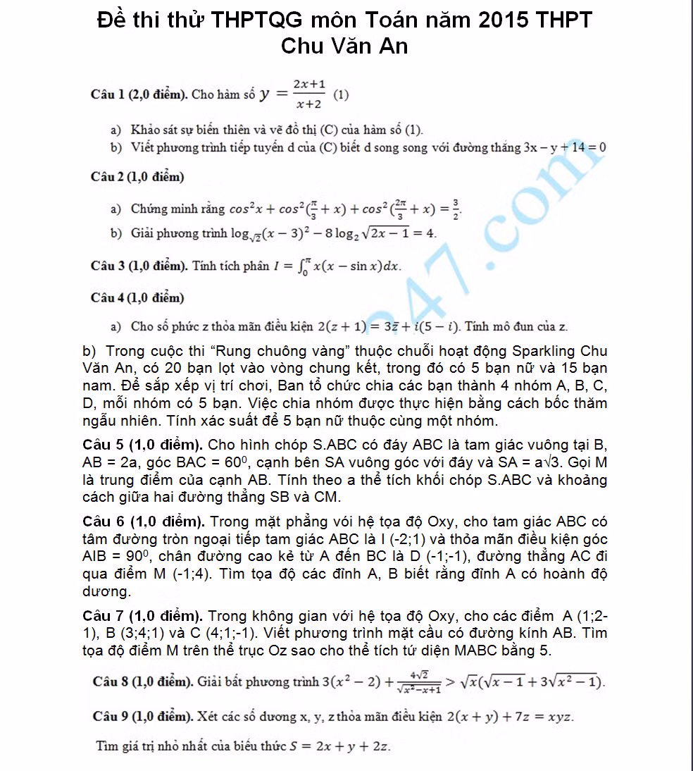 De thi thu THPT quoc gia mon Toan 2015 truong Chu Van An