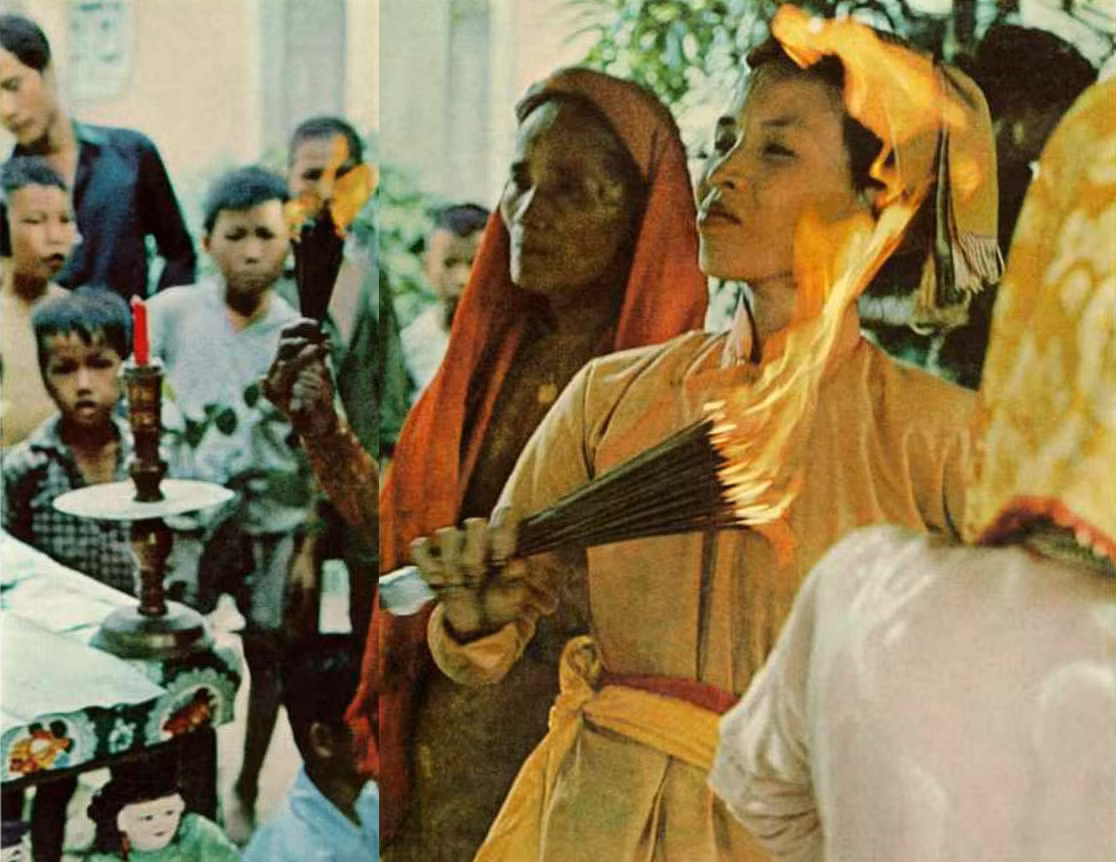 Những người phụ nữ thực hiện nghi lễ hầu đồng trong một đền thờ ở Huế. Ảnh: National Geographic.