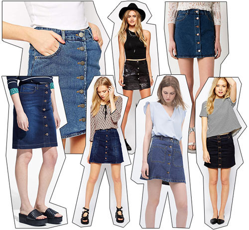 Chân váy denim cài cúc chữ A. Hè năm 2015, các chuyên gia thời trang, các nhà thiết kế chuyên thiết lập xu hướng đã tiếp tục bổ sung thêm một trang phục mang cảm hứng thập niên 70, đó là chiếc chân váy denim cài cúc.