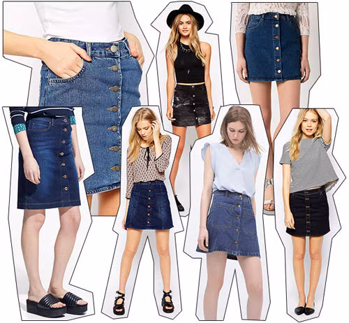 Chân váy denim cài cúc chữ A. Hè năm 2015, các chuyên gia thời trang, các nhà thiết kế chuyên thiết lập xu hướng đã tiếp tục bổ sung thêm một trang phục mang cảm hứng thập niên 70, đó là chiếc chân váy denim cài cúc.