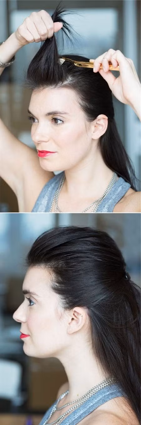 Bước 2: Đánh rối chân tóc bằng bàn chải đánh răng cũ. Sau khi đổi ngôi, bạn lấy từng ít tóc một, dùng bàn chải đánh răng lại được sử dụng như một chiếc lược đánh rối để tạo đồ phồng cho phần tóc mái hay đánh rối phần đuôi tóc