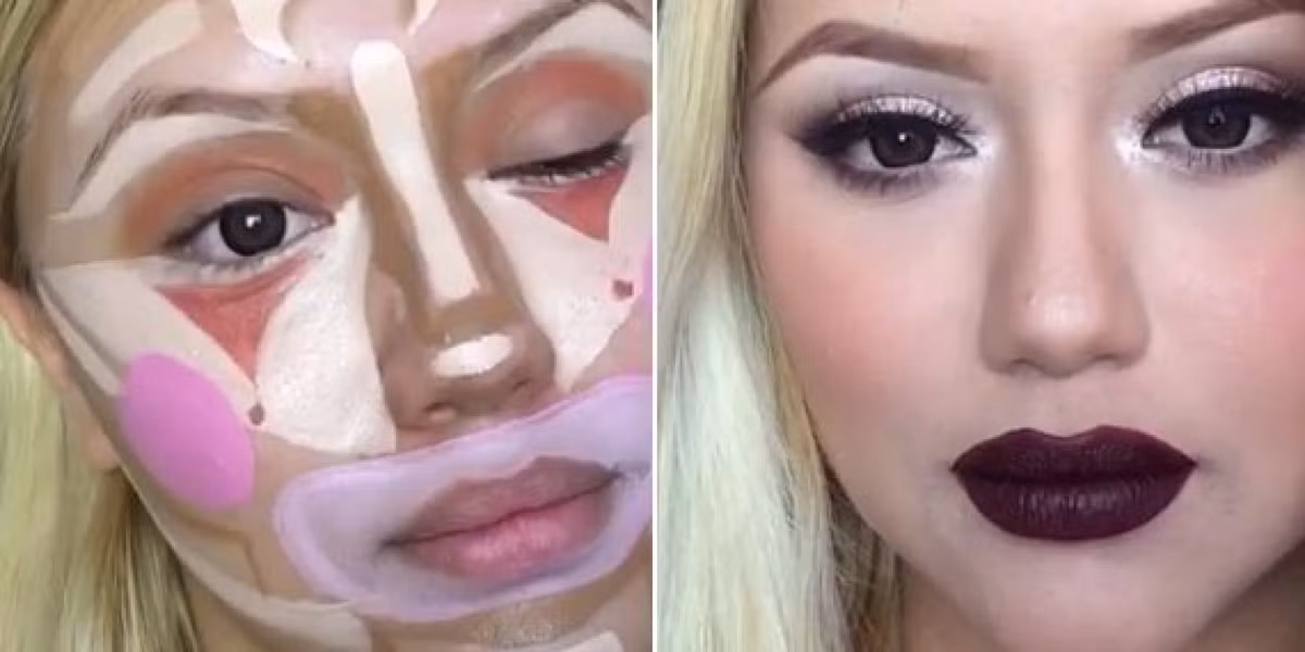 Sản phẩm khuôn mặt được make-up trước và sau khi tán đều mỹ phẩm.