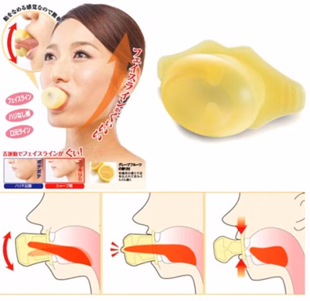 Dụng cụ tập lưỡi. Nhiều người nghĩ rằng lưỡi chẳng liên quan gì đến nhan sắc. Tuy nhiên, một hãng sản xuất dụng cụ tập lưỡi Nhật Bản đã khẳng định điều ngược lại. Họ cho rằng lưỡi được tập luyện thường xuyên sẽ khiến cơ mặt không bị nhão và chảy xệ. Để lưỡi được hoạt động thường xuyên, họ đã chế ra dụng cụ tập với hương bưởi thơm mát. Nó là sản phẩm tập miệng, giúp cơ miệng, má săn chắc, giảm nếp nhăn và các dấu hiệu lão hóa khác.