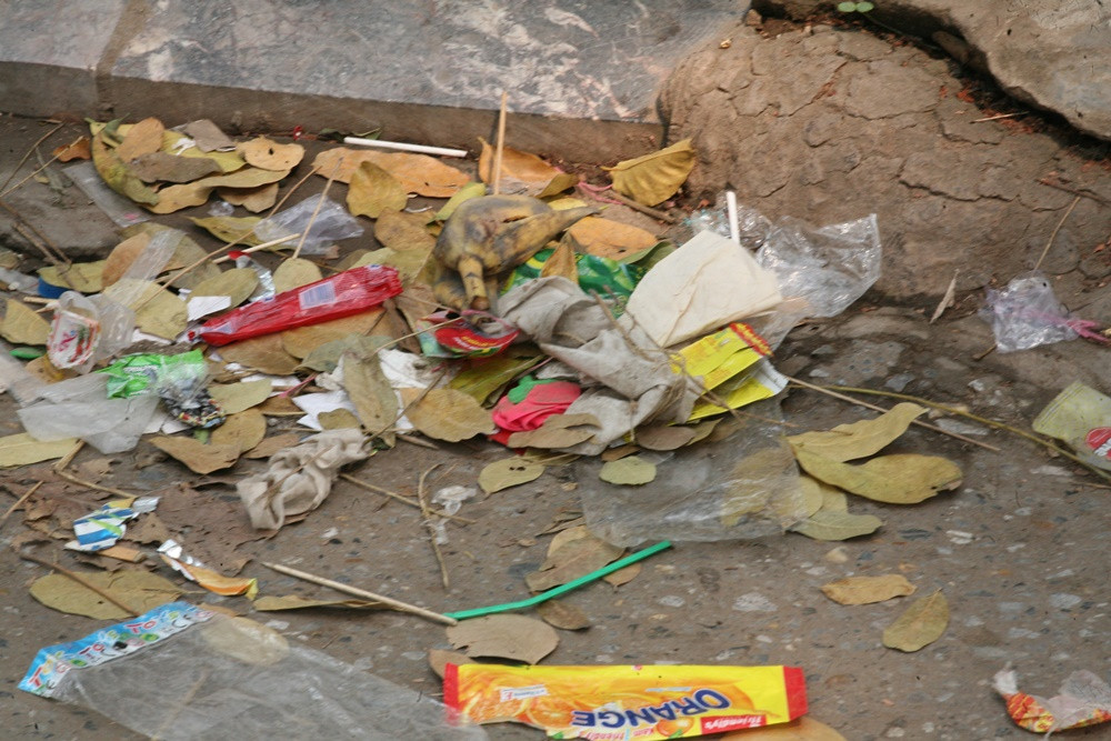 Từng đống to đến đống nhỏ với đủ loại rác: lá rụng, vỏ bánh kẹo, hoa quả...