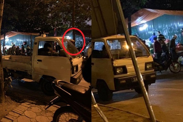 Xe công vụ có người mặc sắc phục Công an (khoanh đỏ), rạng sáng đến chợ tạm, không phép trên phố Trần Quốc Vượng trước đó nhưng mọi hoạt động buôn bán, tụ họp ở đây vẫn diễn ra nhộn nhịp.